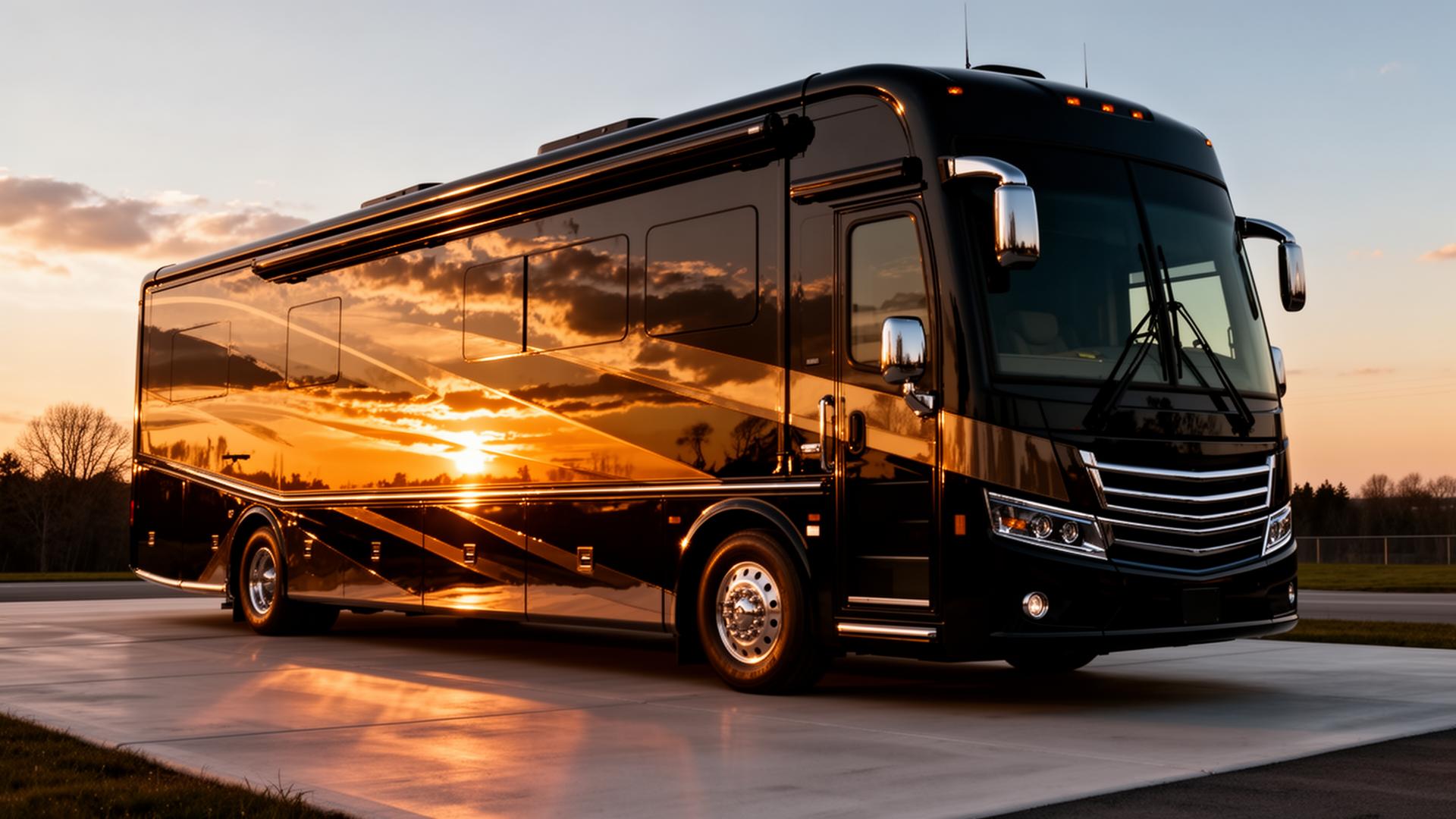 Premium ceramic coated luxury motorhome at golden hour